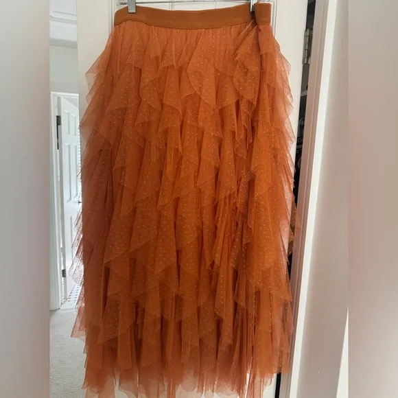 Anthropologie Vibrant Orange Ruffled Maxi Skirt - Picture 1 of 2